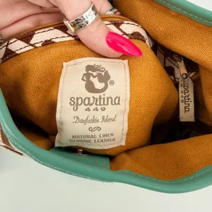 Spartina 449 Madison Stanley Bucket Bag Linen Liner Leather Teal Brown Geometric thumbnail 4