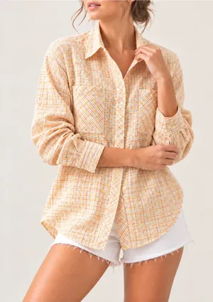 Seersucker Plaid Shirt M Lightweight Yellow Peach Oversized Japanese Button Down thumbnail 1