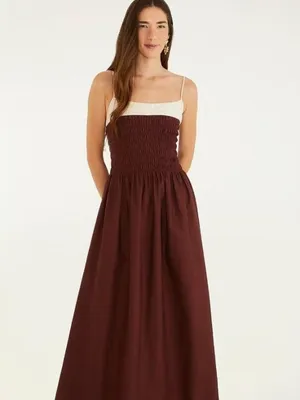 NWT Farm Rio Cotton Sleeveless Midi Dress Brown and Ivory Sz L thumbnail 2