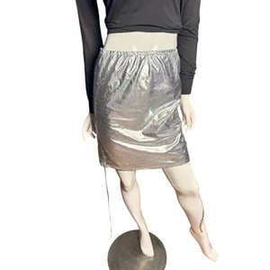 Silver Metallic Ruched Mini Skirt Medium Festival Rave Wear Liquid Shine Bodycon thumbnail 4