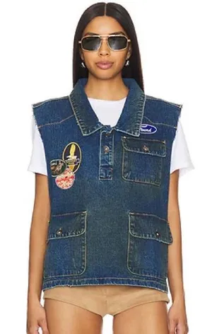 FOUND Revolve Patch Denim Vest L Vintage Blue Distressed Racing Utility Western thumbnail 1