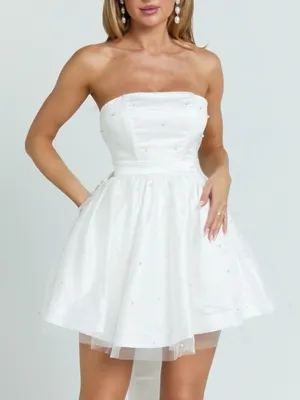 SHOWPO Cailene Strapless Bow Train Fit And Flare Mini Dress In Ivory thumbnail 7