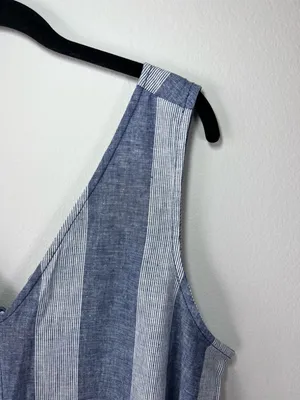 Beach Lunch Lounge Linen Blend Cropped Jumpsuit Blue Stripe Wide Leg Coastal Lg thumbnail 3