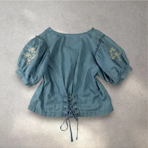 American Eagle Embroidered Denim Puff-Sleeve Top Women's S Boho Prairie Cottage thumbnail 2