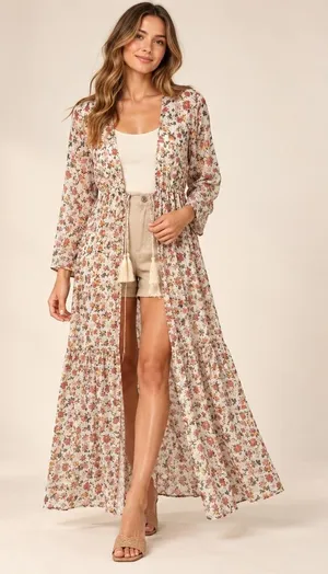 Pink Lily Floral Maxi Duster Women Small Ivory Tassel Boho Resort Cover Up Sheer thumbnail 1