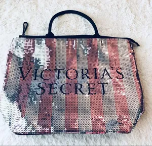 Victoria's Secret Limited Edition Pink & Silver Sequins Stripe Tote Bag Purse thumbnail 2