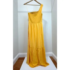 Nine West One‑Shoulder Yellow Smocked Maxi Dress SzL thumbnail 4