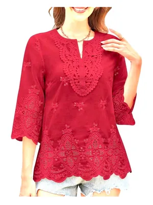 NEW Classic Red 3/4 Length Sleeve Eyelet Blouse Peasant Flowy Boho Top M thumbnail 1