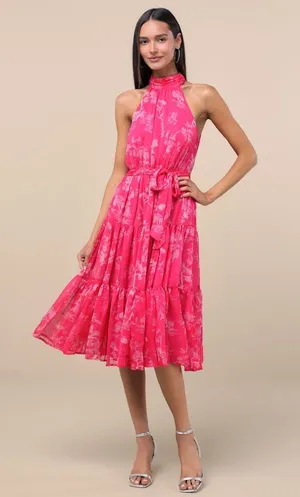 NWT Lulus Float to You Hot Pink Floral Print Halter-Neck Tiered Midi Dress Sz M thumbnail 1