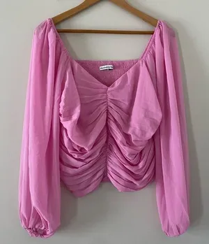 Abercrombie & Fitch Long Sleeve Blouse Cinched Front Tie Sheer Sleeves Pink XL thumbnail 1
