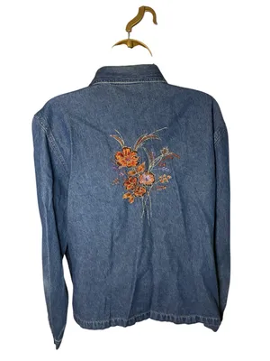 VTG Y2K Erika Embroidered Floral Zip Front Denim Jacket Long Sleeve Blue L thumbnail 5