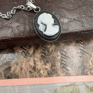 Black White Cameo Necklace Vintage Gothic Pendant 18” Chain thumbnail 3