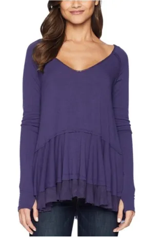 Free People NEW We The Free Tangerine Long Sleeve Peplum Flowy Boho Tee in Violet - Size L thumbnail 1