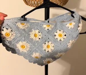 Light Blue Crochet Daisy Shoulder Bag with Yellow Centers thumbnail 1