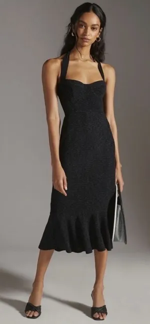 Anthropologie Hutch Black Textured Halter Midi Dress Flounce Hem thumbnail 1