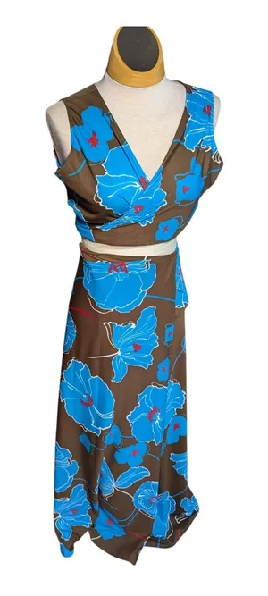 Vtg 1970s Brown Blue Bold Floral Wrap Top Maxi Skirt Matching 2 Pc Set Sz M thumbnail 1