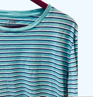 Retro 80s Le Tigre Striped Tshirt Aqua Blue White XL thumbnail 2