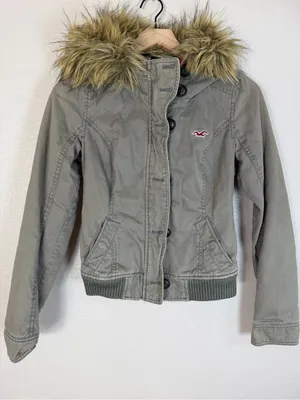 Y2K Hollister Bella Swan Olive Green Fur Trim Hooded Jacket Grail size Small thumbnail 4