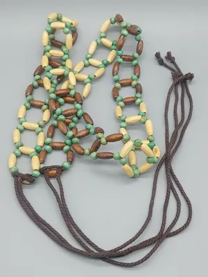 Boho Wood Beaded Tie Belt Green Brown Cream Adjustable Hippie Festival thumbnail 7