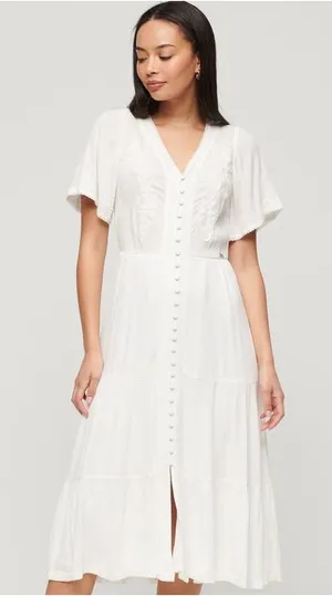 Luxology White Button-Front Midi Dress with Flutter Sleeves thumbnail 1