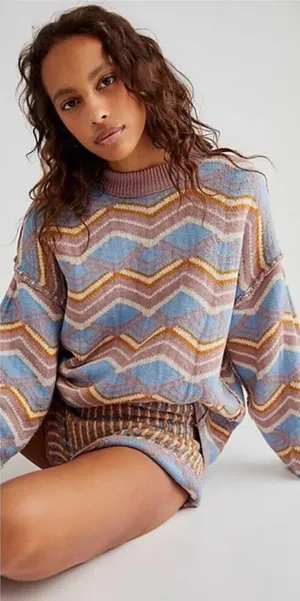 Free People Beach Malibu Pattern Textured Oversized Crew Neck Sweater Boho thumbnail 1