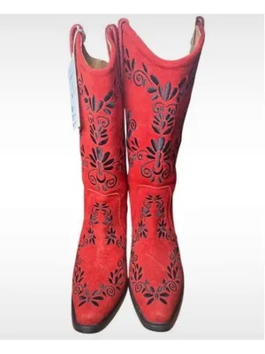 RARE Agave Sky Red Suede Embroidered Floral Western Cowgirl Boots Sz 6 Charro! thumbnail 6
