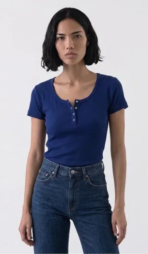 GUESS Los Angeles Henley Top Womens XS Cobalt Blue Ribbed Short Sleeve thumbnail 1