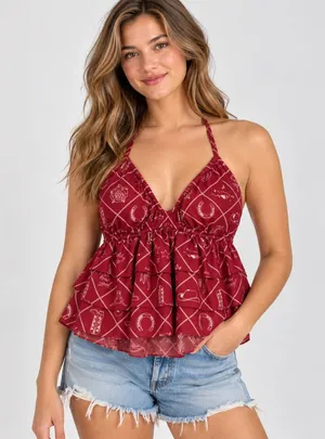 Wild Fable Burgundy Western Cowboy Print Halter Babydoll Peplum Top Red Medium NEW thumbnail 1