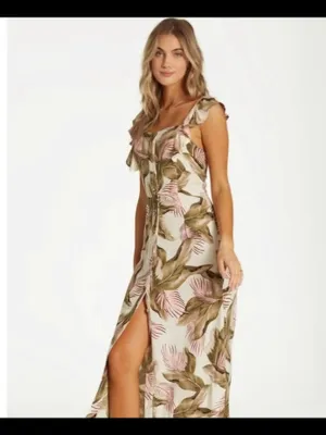 Billabong Pink & Olive Floral Midi Dress NWT Small thumbnail 2