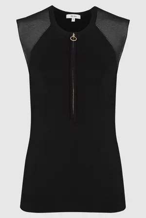 REISS Lila Sleeveless Zip Neck Top in Black thumbnail 1