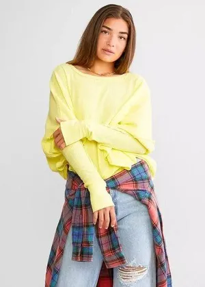 FREE PEOPLE Microphone Drop-Shoulder Cotton Thermal Top in Lemon Grass X-Small thumbnail 1