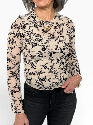 Ava Lane Beige and Black boho chic floral mesh layering top size Large thumbnail 1