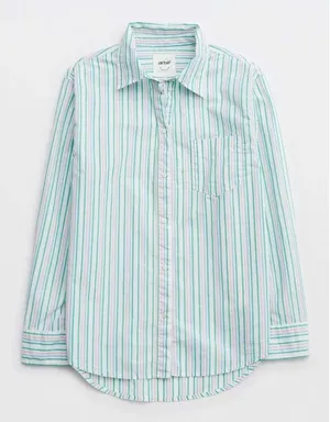 Aerie Button Down Shirt Women Large Green Pink Striped Coastal Relaxed Fit Top thumbnail 1