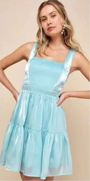 Lulus Thriving Darling Shiny Teal Blue Mermaidcore Sleeveless Tiered Mini‎ dress thumbnail 1