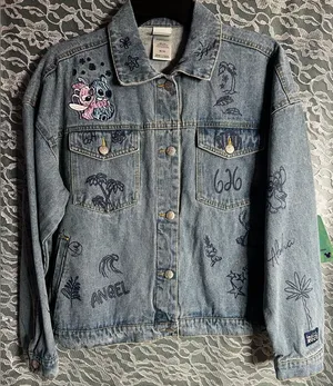 Disney Stitch Denim Jean Trucker Jacket Embroidered and Drawings Urban thumbnail 1