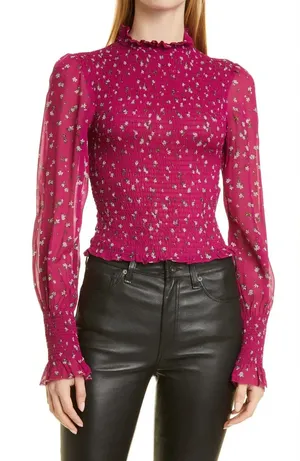 Rag & Bone Kayden Floral Smocked Blouse Pink Size S Mock Neck thumbnail 1