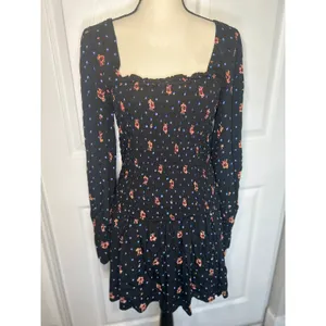 Free People Smocked Mini Dress M‎ Black Floral Square Neck Boho Long Sleeve thumbnail 2
