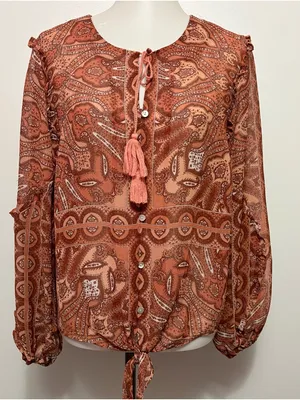 INC International Concepts Rust Paisley Tie-Front Tassel Blouse 1X Bohemian thumbnail 1