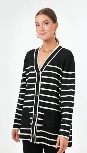 Tuckernuck Lauren Cardigan Size Small Black White Striped V Neck Sweater‎ thumbnail 1