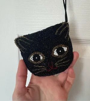 Vintage Art Deco handmade beaded black cat coin purse AS IS thumbnail 2