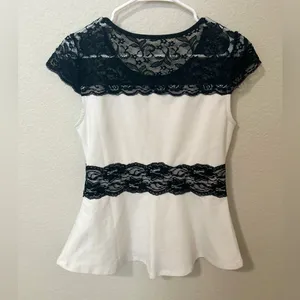 New York & Company Black White Lace Peplum Top Size M Side Zip Office Date Night thumbnail 5