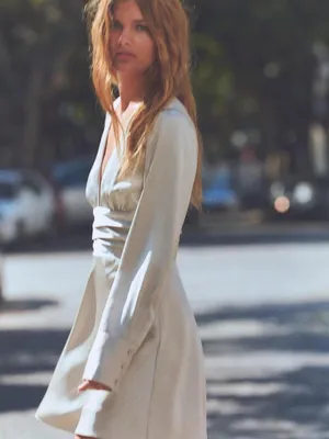 Zara Ivory Satin V-Neck Long Sleeve Mini Dress thumbnail 3