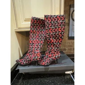 Betsey Johnson Women's Pamella Red/Black Plaid Sequin Knee High Boots Size 7.5 thumbnail 5