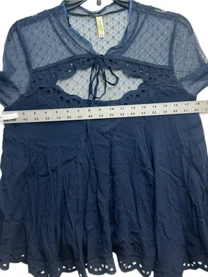 Free People Navy Blue Sheer Lace Eyelet Long Sleeve Boho Blouse Top Size M thumbnail 5