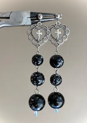 Handmade goth victorian grunge style cute heart cross & round beads unique dangle earrings✨ thumbnail 2