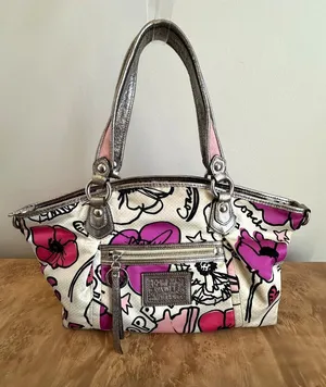 Coach Poppy Pedal Print Glam Rocker Shoulder Bag Pink Cream Metallic Trim thumbnail 1