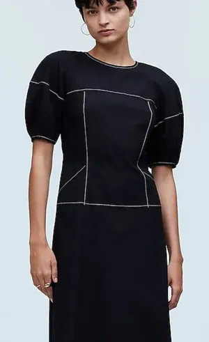 NWT‎ Madewell Puff-Sleeve Drop-Waist Midi Dress Lightweight Cotton Black NQ890 thumbnail 1