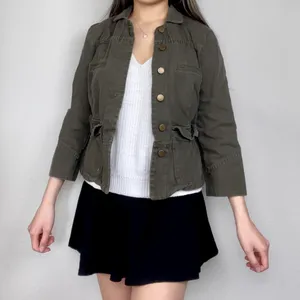 Dark Olive Green Three-Quarter-Sleeve Button-Up Fitted Field Jacket thumbnail 3