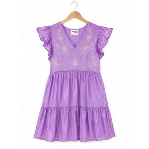 Savanna Jane Embroidered Tiered Mini Iridescent Dress Purple Flutter Sleeve M thumbnail 2