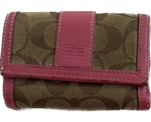 Coach Beige/Pink Signature Canvas And Leather Compact Wallet‎ thumbnail 1